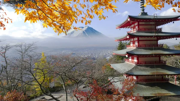 Imaging of beautiful temple with nice maple background is fuji m — Stock Photo, Image