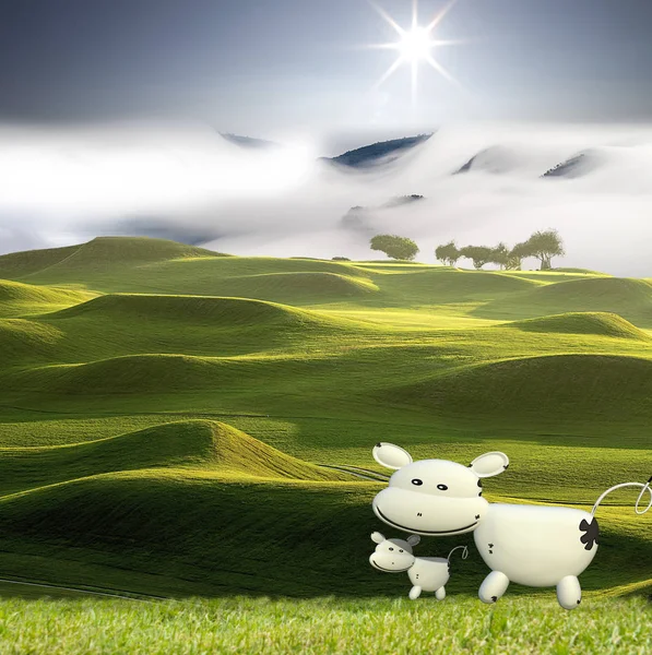 3d renderowanie krowy. Piękna krowa na zielonym polu lub pastwisku — Zdjęcie stockowe