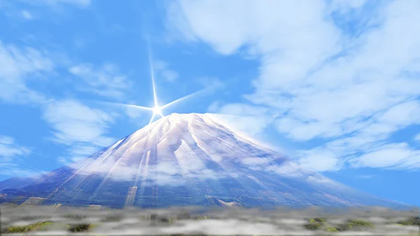 3D rendering ของแสงที่ดีกับท้องฟ้าสีฟ้าและภูเขา — ภาพถ่ายสต็อก