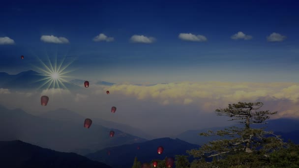 Linternas Papel Fuego Cielo Nocturno Con Buen Fondo — Vídeos de Stock