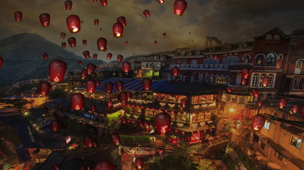Vuur papier lantaarns in de nacht hemel met mooie achtergrond — Stockfoto
