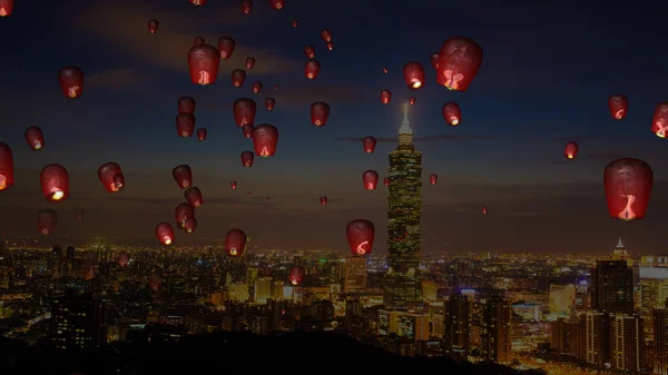 Fire paper lanterns in the night sky with nice background — Stock Photo, Image