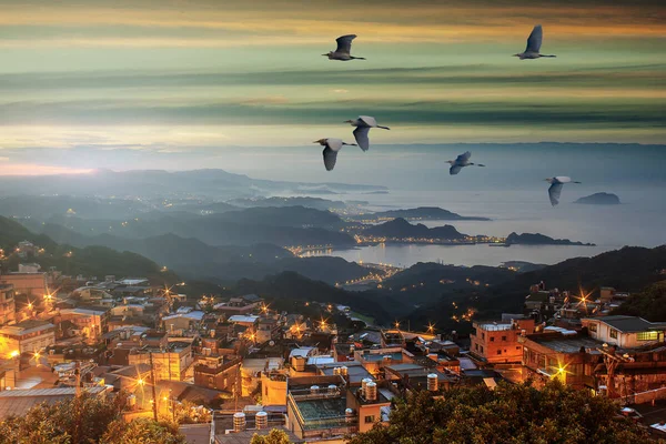 Nebliger Morgen in den Bergen mit fliegenden Vögeln über der Silhouette — Stockfoto