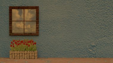 Duvarın yanındaki yansımalı ve güzel laleli pencerenin 3D görüntüsü