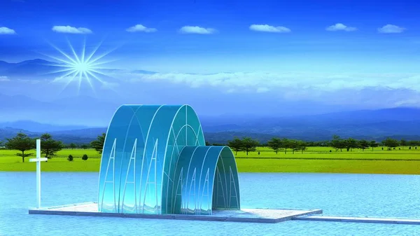 美しい背景を持つプールで美しいガラス製の教会の3Dレンダリング — ストック写真