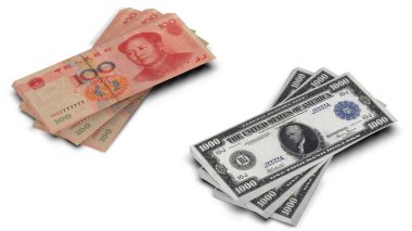 3D porselen yığını ve Amerikan Doları yüksek alçak masada.