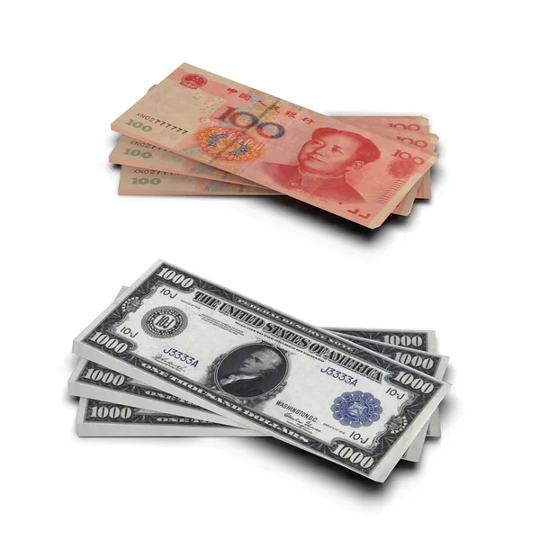 The 3d rendering of stack of china and US dollar on the high low table