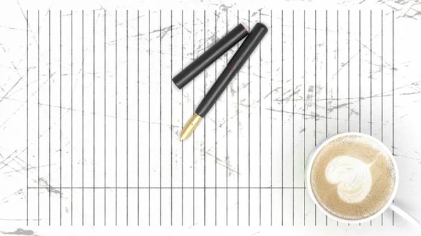 The 3d rendering of scratch paper with pen and coffee on it