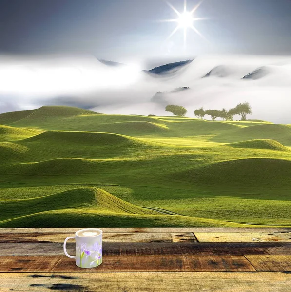 Renderização Flor Íris Xícara Café Com Vista Agradável — Fotografia de Stock