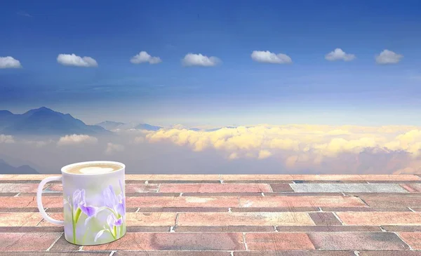 Rendering ของดอกไอร สบนถ วยกาแฟท มมองท — ภาพถ่ายสต็อก