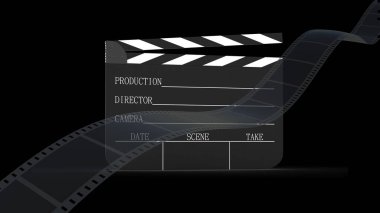 Film şeridi ve el çırpma tahtasının 3 boyutlu canlandırması siyah ile izole edildi