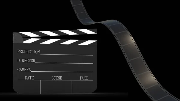 Film Şeridi Çırpma Tahtasının Boyutlu Canlandırması Siyah Ile Izole Edildi — Stok fotoğraf
