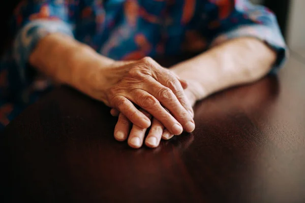 Hands Real Senior Woman Home Natural Light Selective Focus Point — Stock Photo, Image