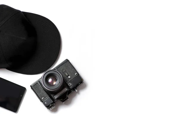 Παλιά φωτογραφική μηχανή και μαύρο καπάκι — Φωτογραφία Αρχείου