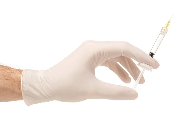 Mãos em luvas médicas com seringa medicina cosmetologia — Fotografia de Stock