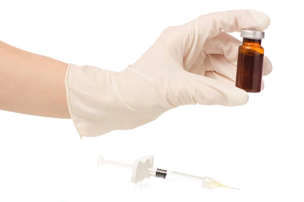 Medicina de vidrio Vial botox o gripe con jeringa médica mano femenina — Foto de Stock