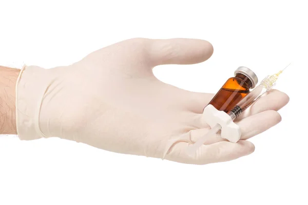 Medicina de vidrio Vial botox o gripe con jeringa médica mano masculina — Foto de Stock