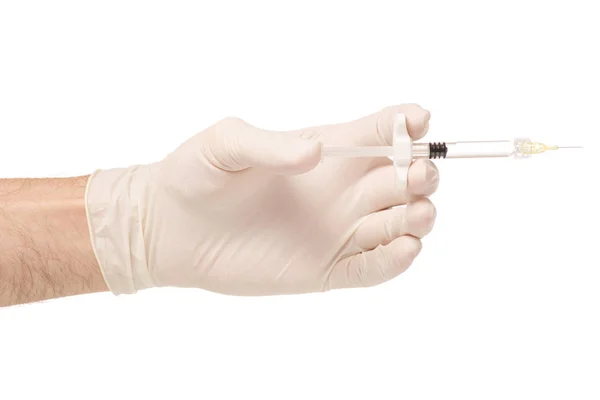 Hands in medical gloves with syringe cosmetology medicine — Stock Photo, Image