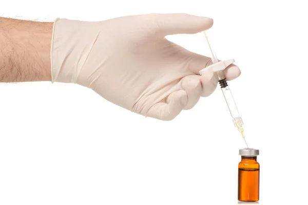 Medicina de vidrio Vial botox o gripe con jeringa médica mano masculina — Foto de Stock