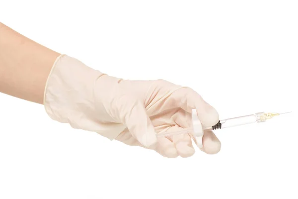 Hands in medical gloves with syringe cosmetology medicine Stock Photo
