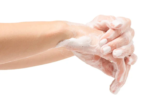 Schiuma di mano femminile sapone — Foto Stock