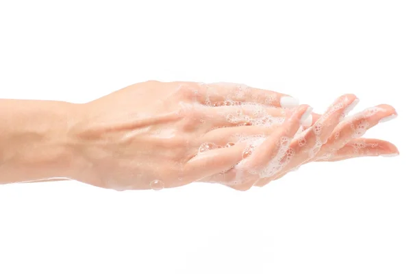 Schiuma di mano femminile sapone — Foto Stock