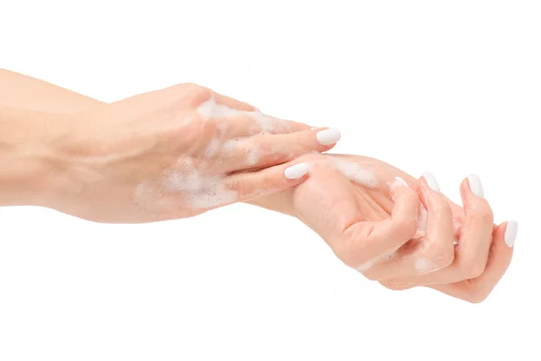 Zeepachtige vrouwelijke hand schuim — Stockfoto