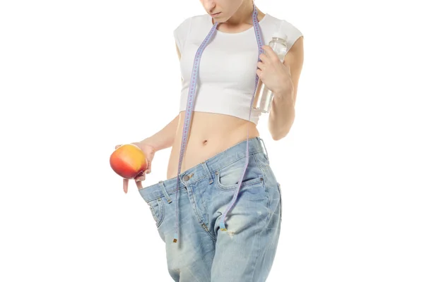 Woman apple water centimeter — Stock Photo, Image