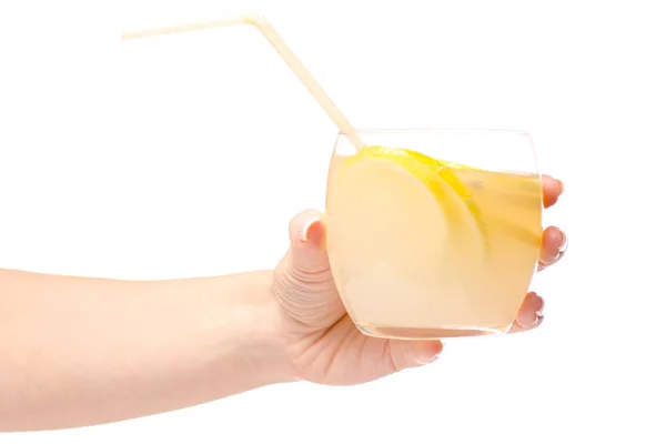 Glass of lemonade lemon female hand — Stock Photo, Image