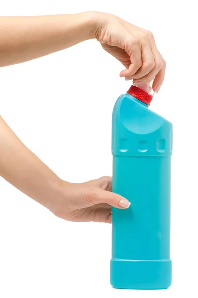 Botella con detergente higiénico productos químicos domésticos en una mano femenina — Foto de Stock