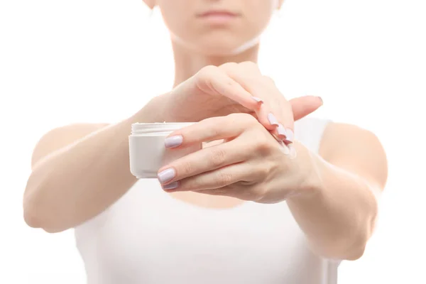 Woman female hands holding hand cream — Stock Photo, Image