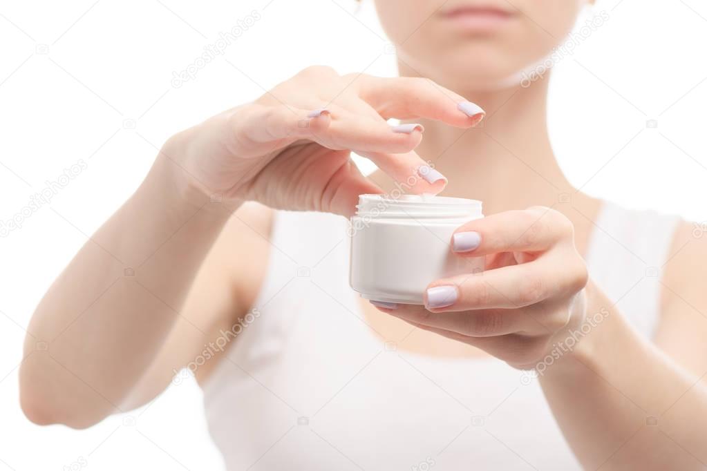 Woman female hands holding hand cream