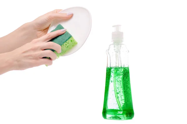 Esponja de garrafa de lavar louça e pratos mão feminina isolada — Fotografia de Stock