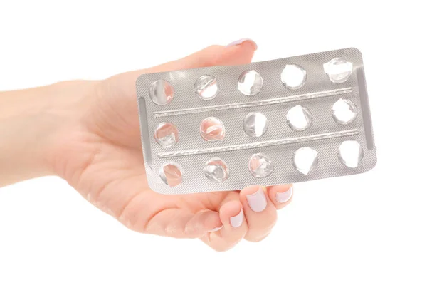 Kvinnlig hand tom förpackning från piller medicin — Stockfoto