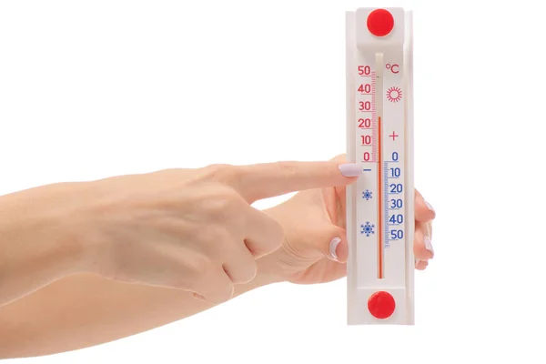 Termômetro de quarto de mão feminino — Fotografia de Stock
