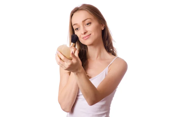Beautiful young woman blush brush for makeup — Stock Photo, Image
