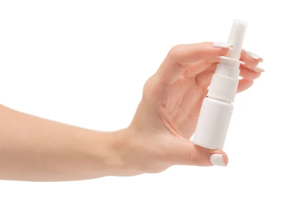Female hands medicine nose spray — Stock Photo, Image