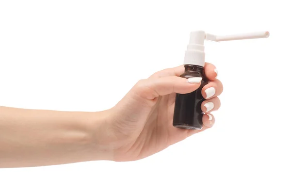 Vrouwelijke hand spray voor keel — Stockfoto