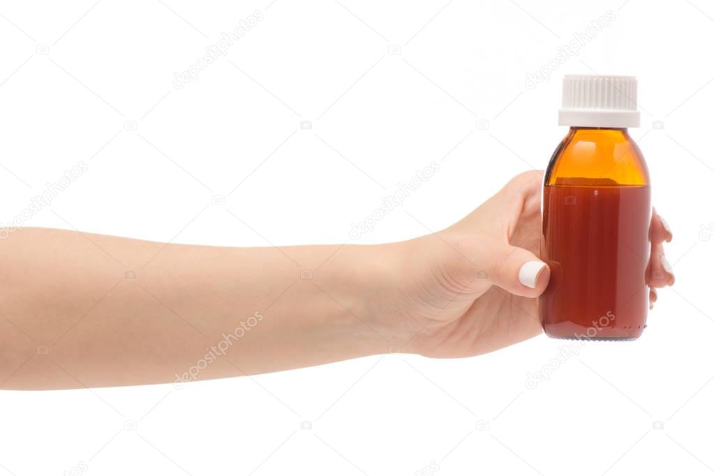 Female hands syrup from a cough throat