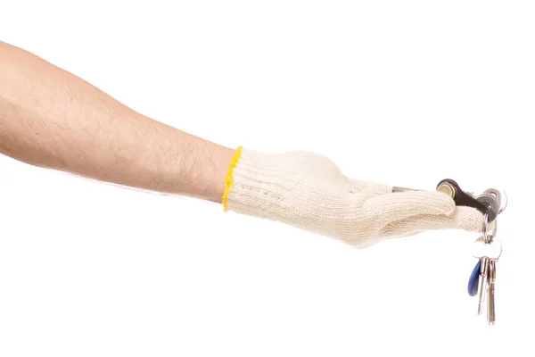 Mężczyzna ręce w rękawiczkach budowlane klucze — Zdjęcie stockowe