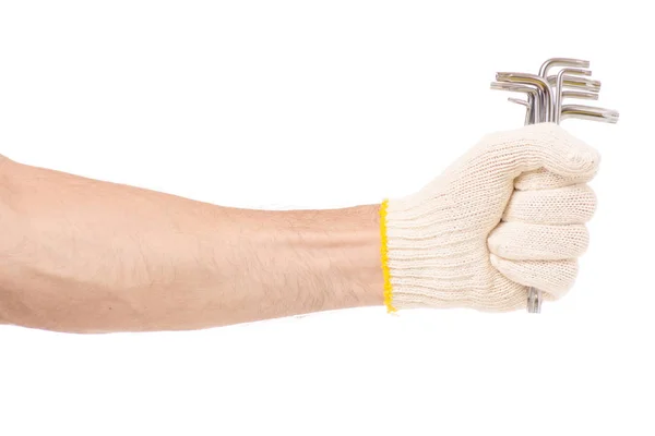 Klucz dynamometryczny ręką mężczyzna na białym tle — Zdjęcie stockowe