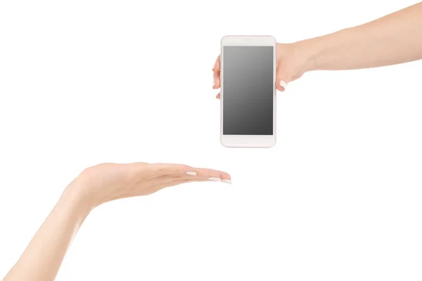 Weibliche Hand reicht ein Handy-Smartphone — Stockfoto
