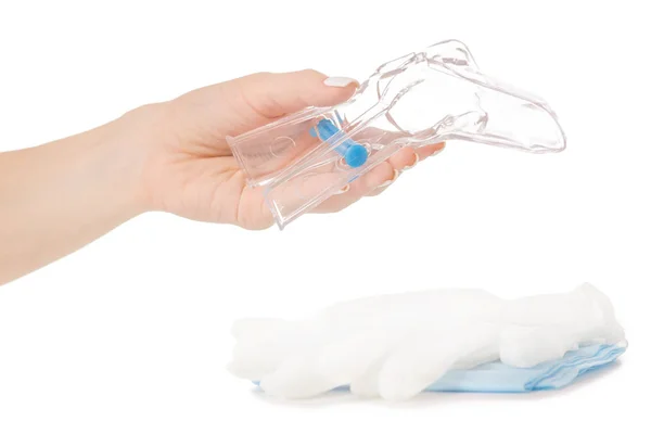 Mãos femininas exame de espelho ginecológico isolamento ginecologista — Fotografia de Stock