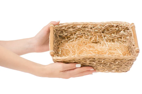 Female  hand basket straw tray isolated — Stock Photo, Image