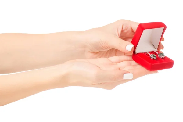 Caja de mano femenina para pendientes de joyería rojo — Foto de Stock