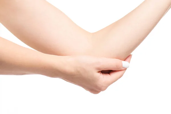 Женская рука болит локоть руки — стоковое фото