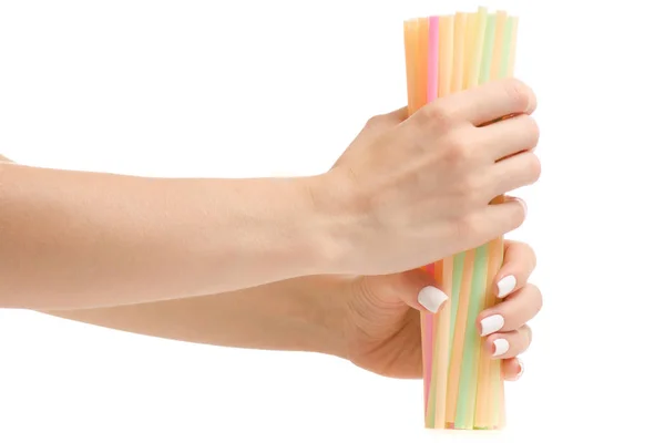 Ženské ruce s brčka vícebarevné — Stock fotografie