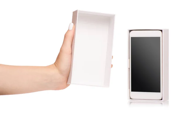 Female hand holding a mobile phone smartphone box — Stock Photo, Image