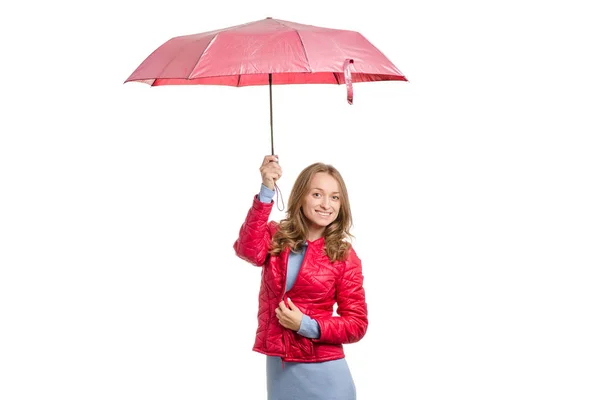 Jovem mulher em um casaco com uma chuva guarda-chuva — Fotografia de Stock
