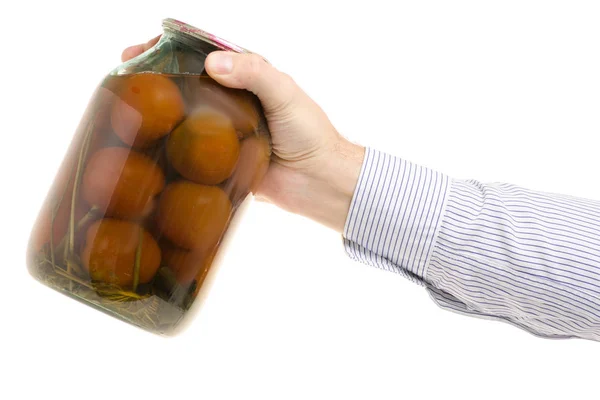 Pomodori di mani di uomo in un vaso — Foto Stock